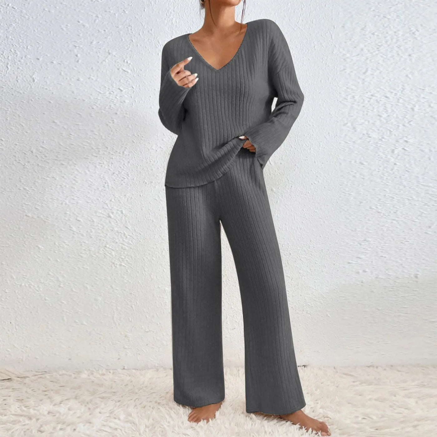 Vivily | Zweiteiliges Set mit geraden Hosen und V-Ausschnitt-Top