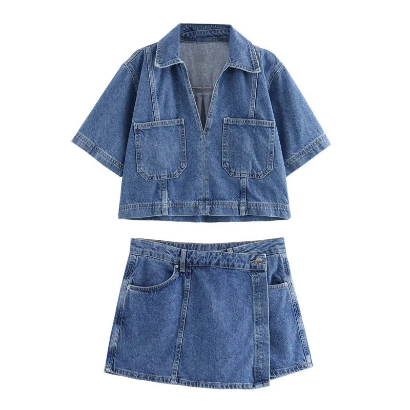 VIVILY | V-Ausschnitt Denim Set
