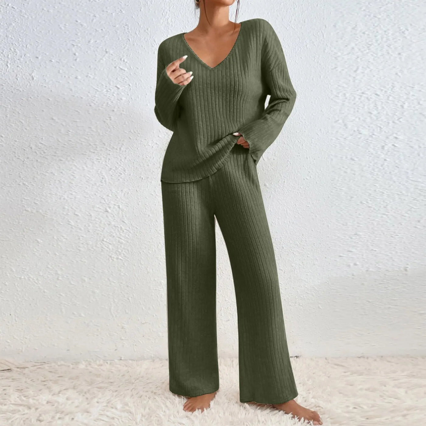 Vivily | Zweiteiliges Set mit geraden Hosen und V-Ausschnitt-Top