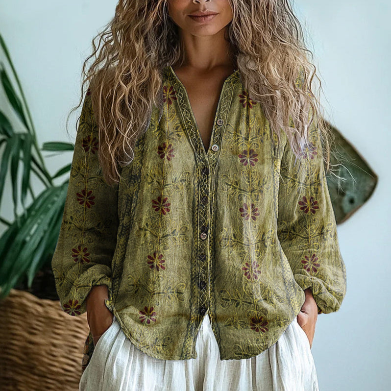 Vivily | Vintage Bluse mit Blattdruck