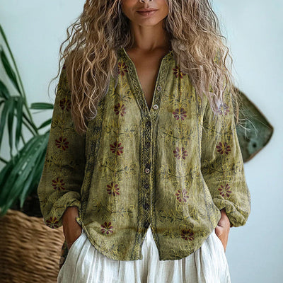 Vivily | Vintage Bluse mit Blattdruck