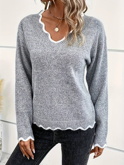 VIVILY | Pullover mit V-Ausschnitt und Wellenkante